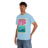 Pink Palms and Wave Design on Heavy Durable extra long Cotton Black Navy Blue T Shirt