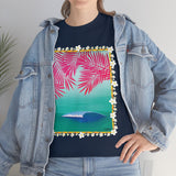 Pink Palms and Wave Design on Heavy Durable extra long Cotton Black Navy Blue T Shirt