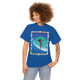 Surfer Girl with Bamboo and Plumeria Border on Heavy Durable extra long Cotton Black Navy Blue T Shirt