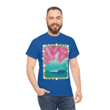 Pink Palms and Wave Design on Heavy Durable extra long Cotton Black Navy Blue T Shirt