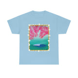 Pink Palms and Wave Design on Heavy Durable extra long Cotton Black Navy Blue T Shirt