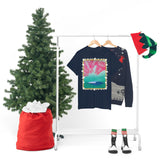 Pink Palms and Wave Design on Heavy Durable extra long Cotton Black Navy Blue T Shirt