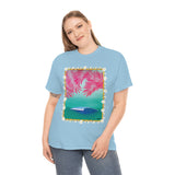 Pink Palms and Wave Design on Heavy Durable extra long Cotton Black Navy Blue T Shirt