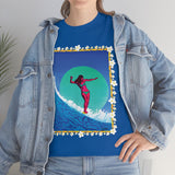 Surfer Girl with Bamboo and Plumeria Border on Heavy Durable extra long Cotton Black Navy Blue T Shirt