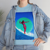 Surfer Girl Design on Heavy Durable extra long Cotton Black Navy Blue T Shirt