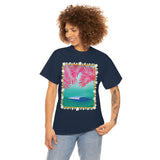 Pink Palms and Wave Design on Heavy Durable extra long Cotton Black Navy Blue T Shirt