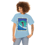 Surfer Girl with Bamboo and Plumeria Border on Heavy Durable extra long Cotton Black Navy Blue T Shirt
