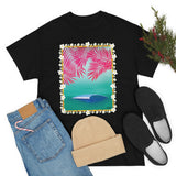 Pink Palms and Wave Design on Heavy Durable extra long Cotton Black Navy Blue T Shirt
