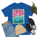 Pink Palms and Wave Design on Heavy Durable extra long Cotton Black Navy Blue T Shirt