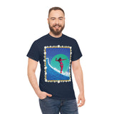 Surfer Girl with Bamboo and Plumeria Border on Heavy Durable extra long Cotton Black Navy Blue T Shirt