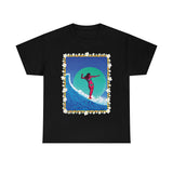 Surfer Girl with Bamboo and Plumeria Border on Heavy Durable extra long Cotton Black Navy Blue T Shirt