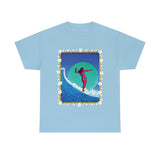 Surfer Girl with Bamboo and Plumeria Border on Heavy Durable extra long Cotton Black Navy Blue T Shirt