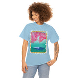 Pink Palms and Wave Design on Heavy Durable extra long Cotton Black Navy Blue T Shirt