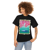 Pink Palms and Wave Design on Heavy Durable extra long Cotton Black Navy Blue T Shirt