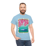 Pink Palms and Wave Design on Heavy Durable extra long Cotton Black Navy Blue T Shirt