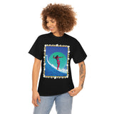 Surfer Girl with Bamboo and Plumeria Border on Heavy Durable extra long Cotton Black Navy Blue T Shirt