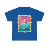 Pink Palms and Wave Design on Heavy Durable extra long Cotton Black Navy Blue T Shirt