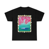 Pink Palms and Wave Design on Heavy Durable extra long Cotton Black Navy Blue T Shirt