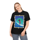 Surfer Girl with Bamboo and Plumeria Border on Heavy Durable extra long Cotton Black Navy Blue T Shirt