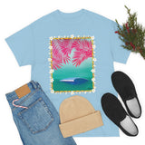 Pink Palms and Wave Design on Heavy Durable extra long Cotton Black Navy Blue T Shirt