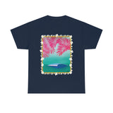Pink Palms and Wave Design on Heavy Durable extra long Cotton Black Navy Blue T Shirt