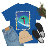 Surfer Girl with Bamboo and Plumeria Border on Heavy Durable extra long Cotton Black Navy Blue T Shirt