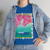 Pink Palms and Wave Design on Heavy Durable extra long Cotton Black Navy Blue T Shirt