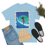 Surfer Girl with Bamboo and Plumeria Border on Heavy Durable extra long Cotton Black Navy Blue T Shirt