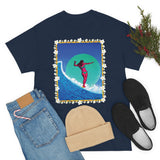 Surfer Girl with Bamboo and Plumeria Border on Heavy Durable extra long Cotton Black Navy Blue T Shirt