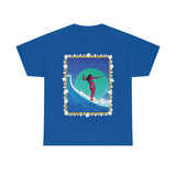 Surfer Girl with Bamboo and Plumeria Border on Heavy Durable extra long Cotton Black Navy Blue T Shirt