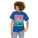 Pink Palms and Wave Design on Heavy Durable extra long Cotton Black Navy Blue T Shirt