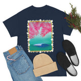 Pink Palms and Wave Design on Heavy Durable extra long Cotton Black Navy Blue T Shirt