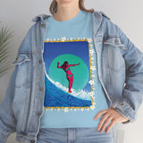 Surfer Girl with Bamboo and Plumeria Border on Heavy Durable extra long Cotton Black Navy Blue T Shirt