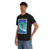 Surfer Girl with Bamboo and Plumeria Border on Heavy Durable extra long Cotton Black Navy Blue T Shirt