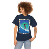 Surfer Girl with Bamboo and Plumeria Border on Heavy Durable extra long Cotton Black Navy Blue T Shirt