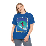 Surfer Girl with Bamboo and Plumeria Border on Heavy Durable extra long Cotton Black Navy Blue T Shirt