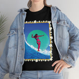 Surfer Girl with Bamboo and Plumeria Border on Heavy Durable extra long Cotton Black Navy Blue T Shirt
