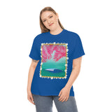 Pink Palms and Wave Design on Heavy Durable extra long Cotton Black Navy Blue T Shirt