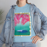 Pink Palms and Wave Design on Heavy Durable extra long Cotton Black Navy Blue T Shirt
