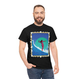 Surfer Girl with Bamboo and Plumeria Border on Heavy Durable extra long Cotton Black Navy Blue T Shirt