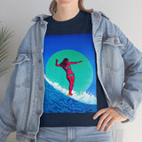 Surfer Girl Design on Heavy Durable extra long Cotton Black Navy Blue T Shirt