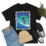 Surfer Girl with Bamboo and Plumeria Border on Heavy Durable extra long Cotton Black Navy Blue T Shirt