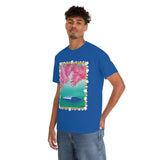 Pink Palms and Wave Design on Heavy Durable extra long Cotton Black Navy Blue T Shirt