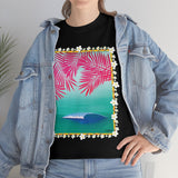 Pink Palms and Wave Design on Heavy Durable extra long Cotton Black Navy Blue T Shirt