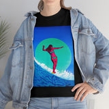Surfer Girl Design on Heavy Durable extra long Cotton Black Navy Blue T Shirt