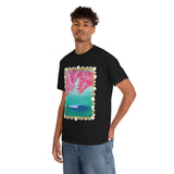 Pink Palms and Wave Design on Heavy Durable extra long Cotton Black Navy Blue T Shirt