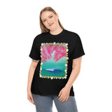 Pink Palms and Wave Design on Heavy Durable extra long Cotton Black Navy Blue T Shirt
