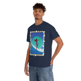 Surfer Girl with Bamboo and Plumeria Border on Heavy Durable extra long Cotton Black Navy Blue T Shirt