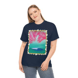 Pink Palms and Wave Design on Heavy Durable extra long Cotton Black Navy Blue T Shirt