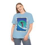 Surfer Girl with Bamboo and Plumeria Border on Heavy Durable extra long Cotton Black Navy Blue T Shirt